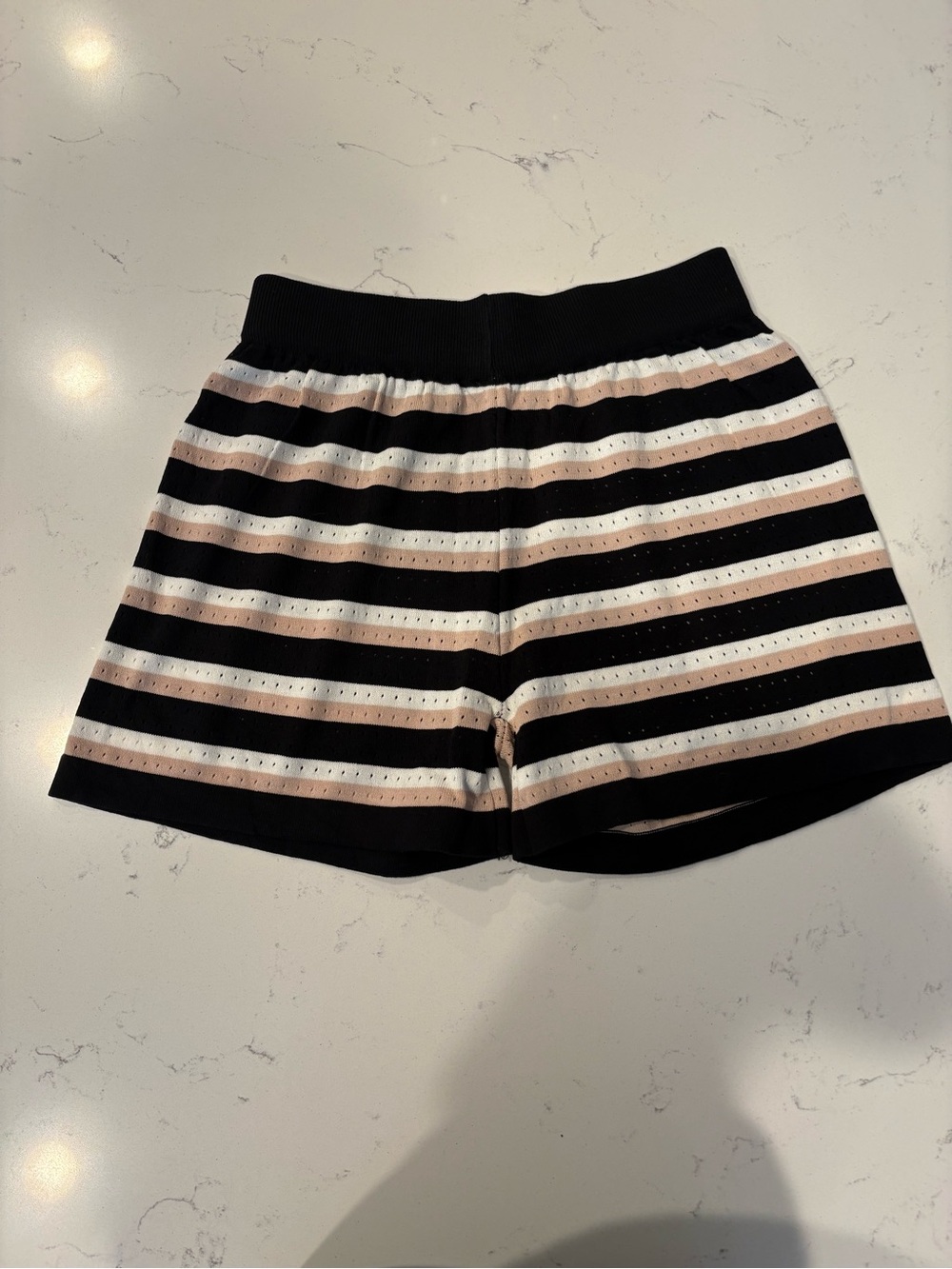Striped Knit Shorts in Black, White & Beige. Small eyelet punch hole detail-S